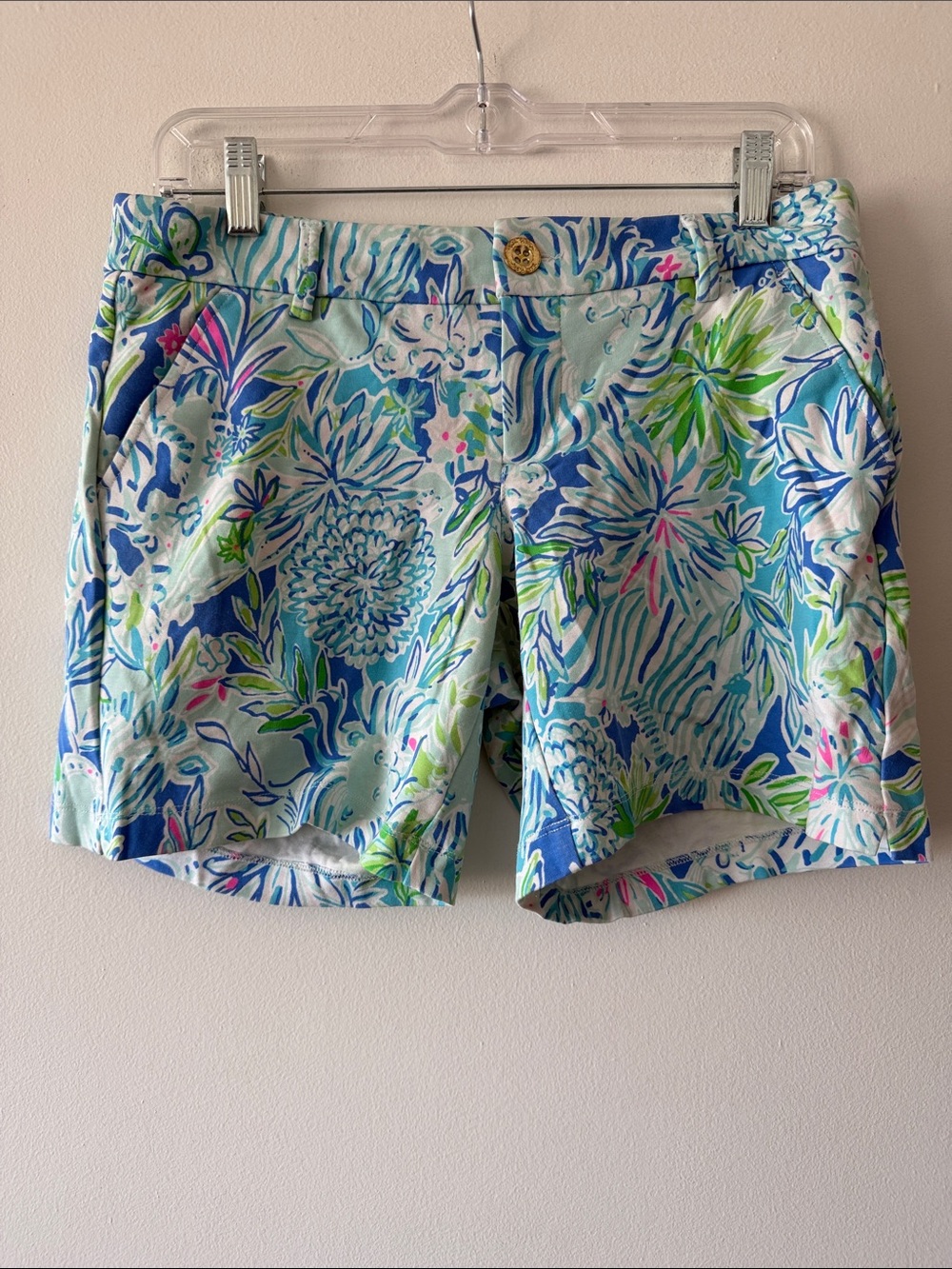 Lilly Pulitzer Jayne Knit Shorts 4 High Tide Navy Blue Floral Stretch Beach Golf